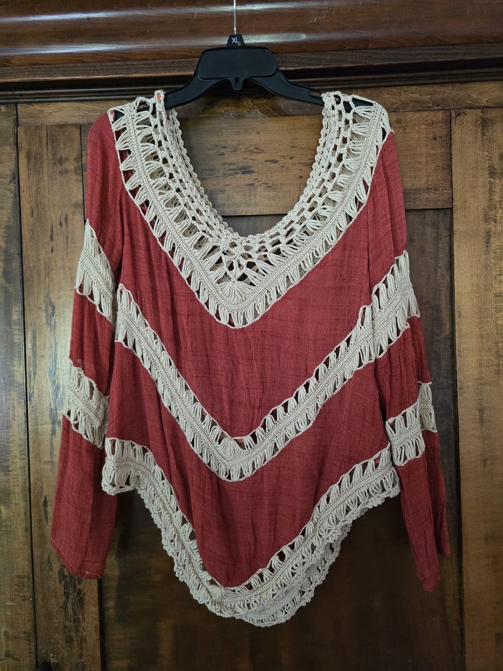 Umgee Red Tunic with Cream Crochet Trim Medium Boho